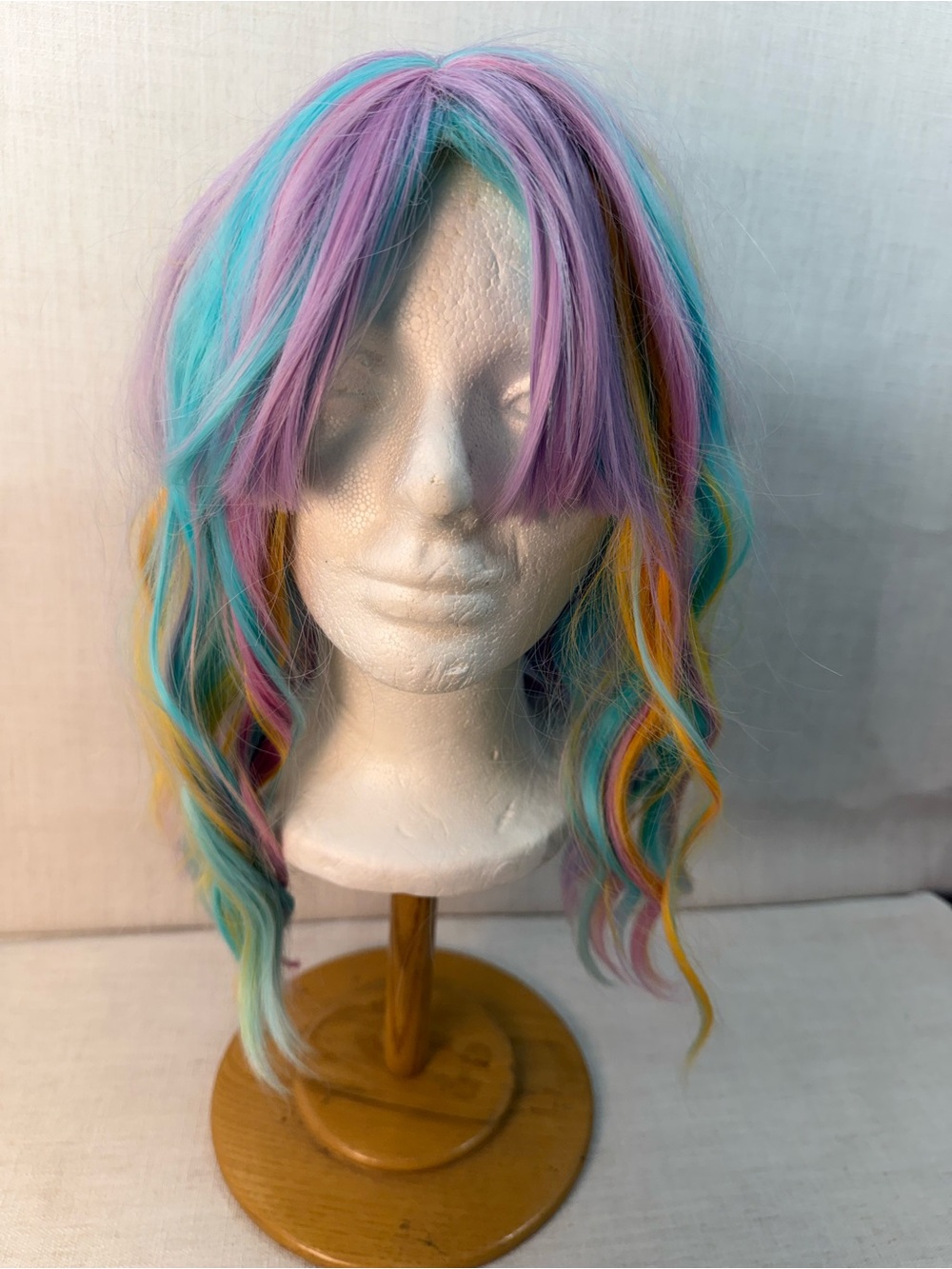 Pastel Multi-Color Wavy Women's Wig with Curtain Bangs